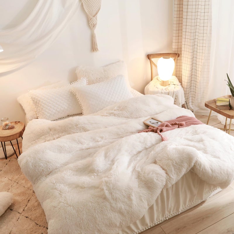 HAIHUA Fuzzy Beige Comforter Cover Queen Set, Soft Faux Fur Shaggy Beige Bedding Queen Set 3 Pieces (1 Fluffy Duvet Cover + 2 Plush Pillow Cases) Furry Bed Set, Zipper Closure - Image 5